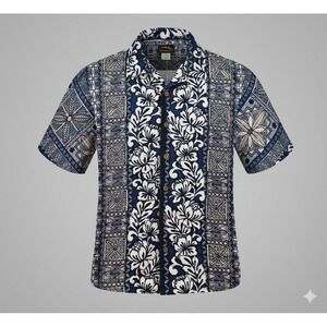 ODO Vintage Men's Blue Floral Print Hawaiian Short Sleeve Casual Shirt. Size L